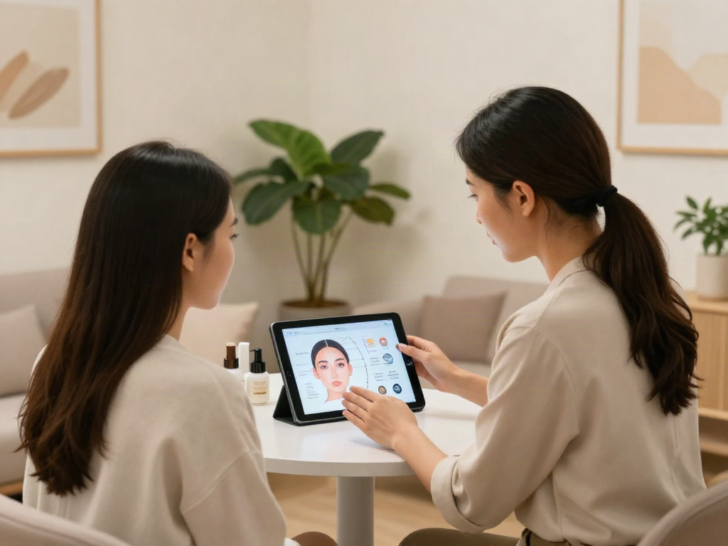 ClinicEvo is a better alternative to QOVES in a modern beauty consultation scene with digital analysis.