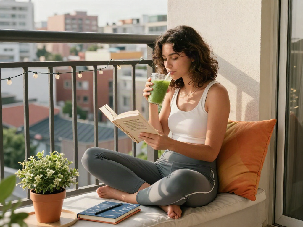 Young woman enjoying a crush on healthy relationships while relaxing on a sunny balcony.