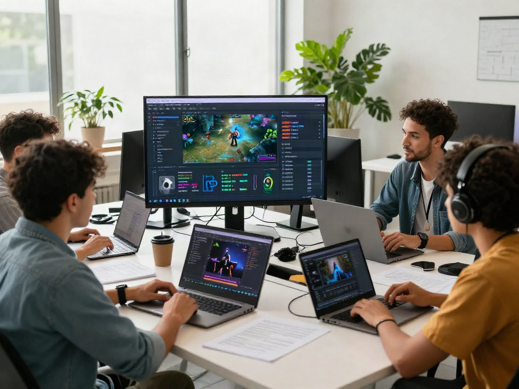 Team collaborating on 먹튀스팟 검증사이트 project in a modern gaming workspace.