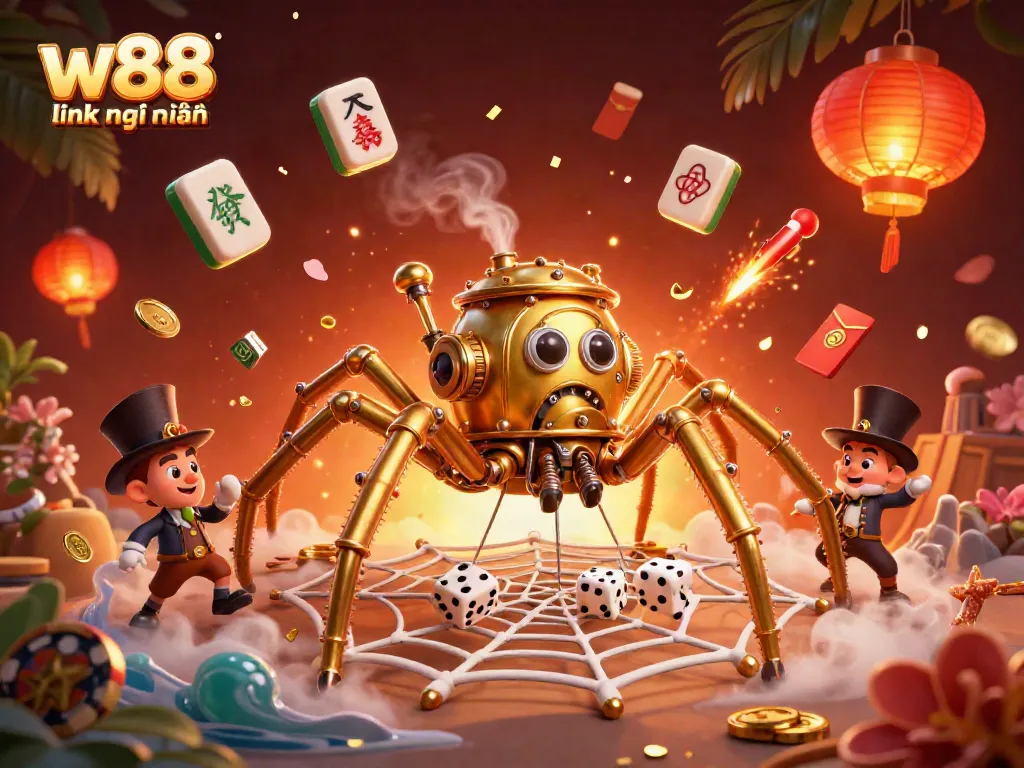 Engage with the thrilling w88 link mới nhất as a steampunk spider captures dice in its golden web amid vibrant casino elements.