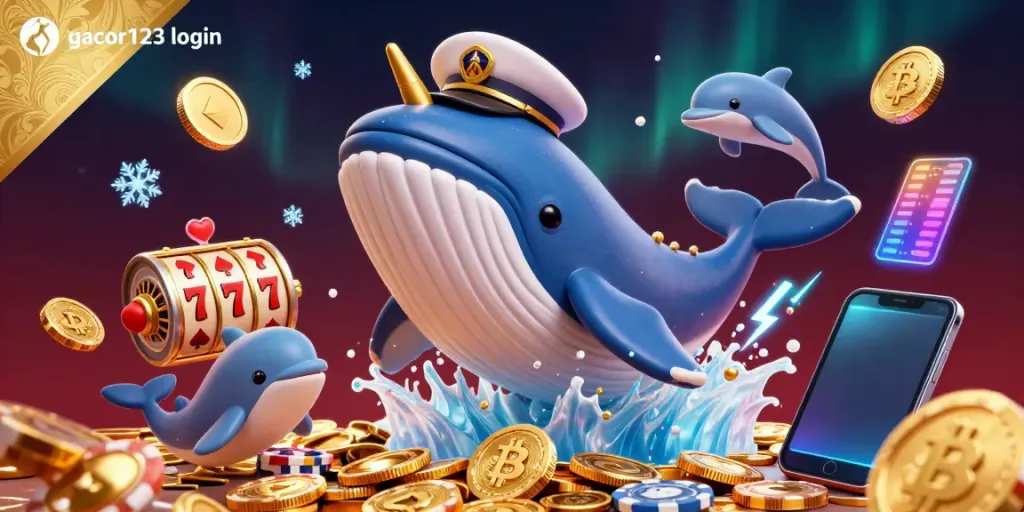 Win big with gacor123 login, a vibrant gambling scene with whales and crypto elements.