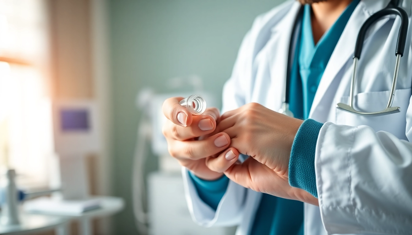 Applying dmso for pain relief in a clinical setting, showcasing therapeutic care.