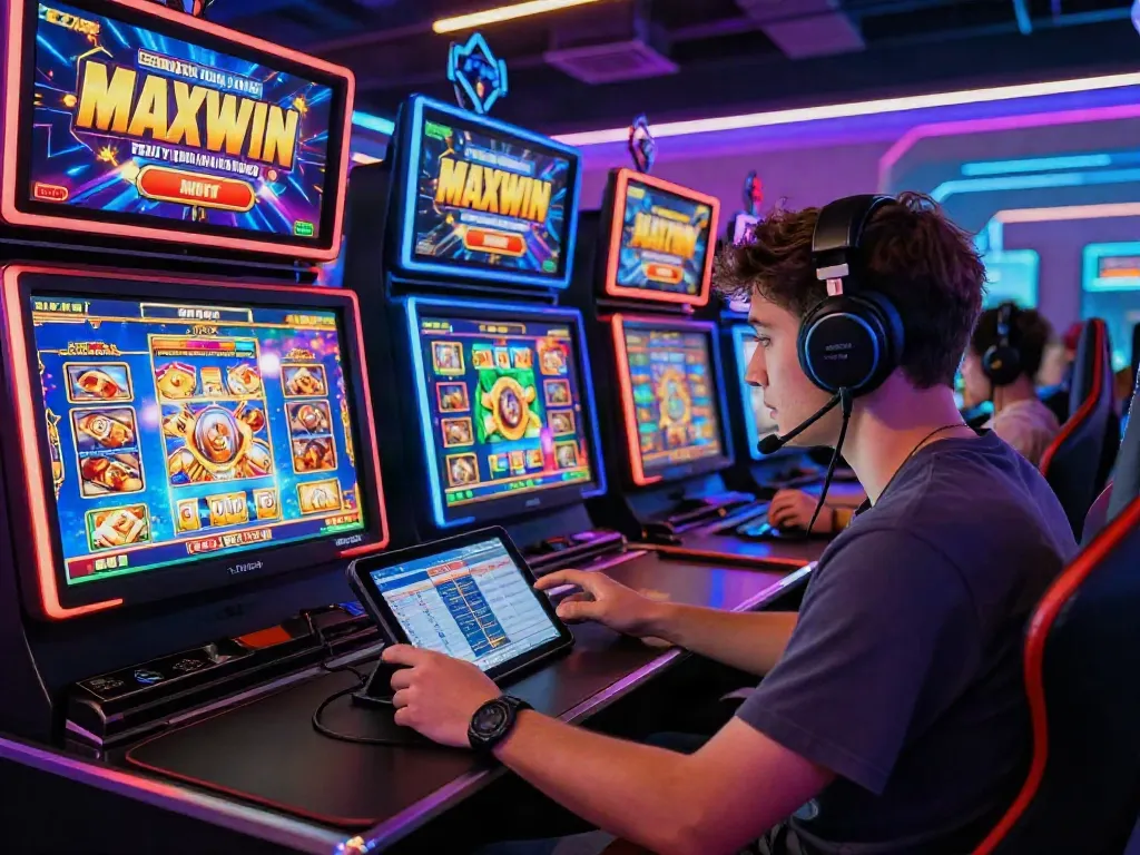 Player immersed in thrilling slot maxwin games with digital displays and vibrant atmosphere.
