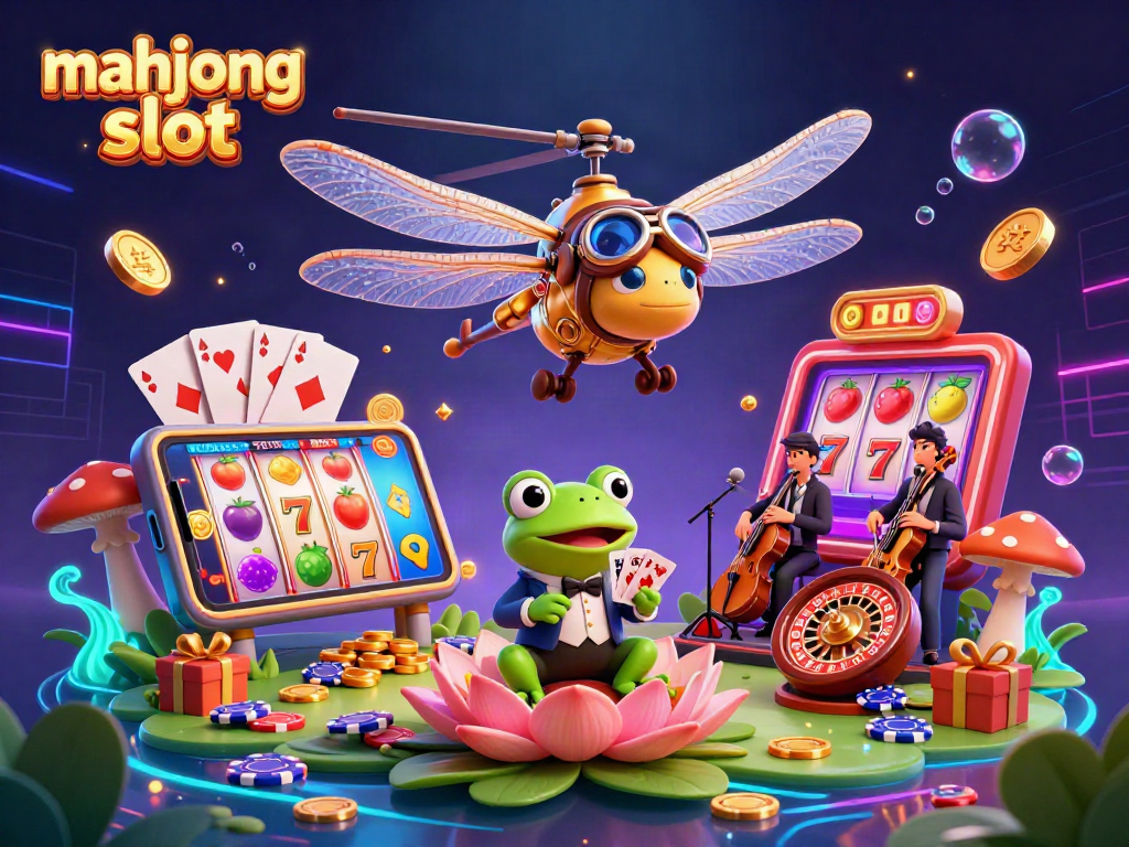 Engage with mahjong slot action in a vibrant scene featuring a dragonfly pilot and frog dealer amidst a dynamic casino.