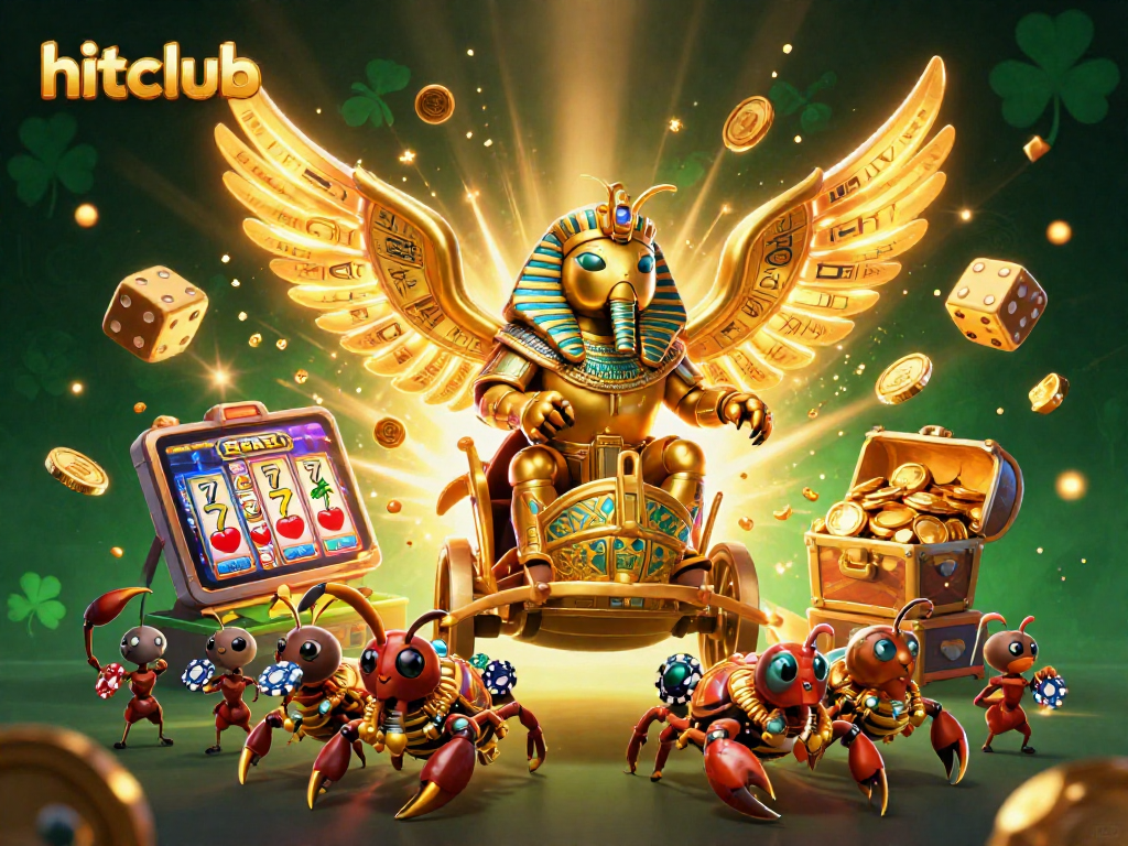 Experience the thrill of hitclub with a vibrant casino scene showcasing a golden scarab beetle amidst jackpot excitement.