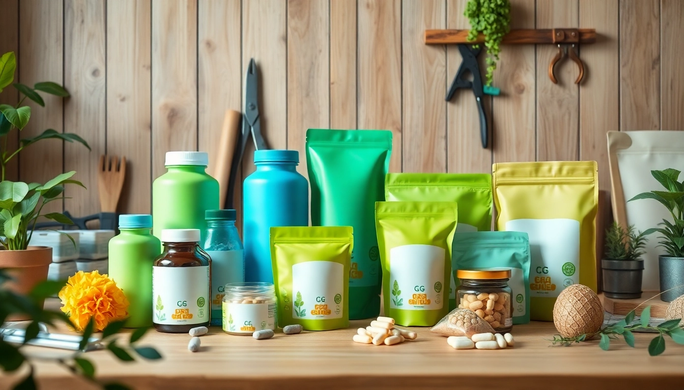 Showcase of pet supplement packaging featuring eco-friendly materials and vibrant designs.