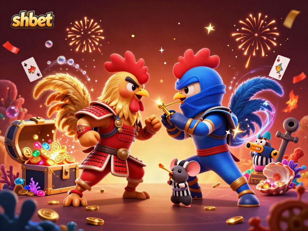 shbet presents twin fighting roosters in a dynamic standoff amidst colorful casino elements.