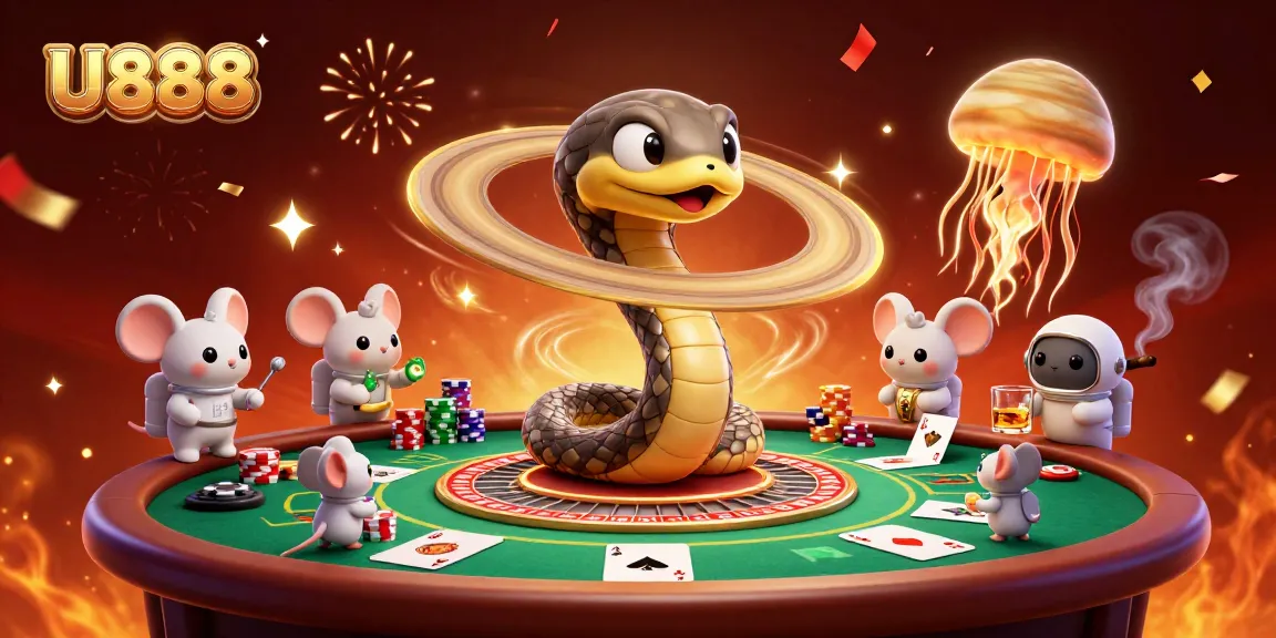 U888 players celebrate while betting on a cosmic roulette wheel in an animated casino scene.