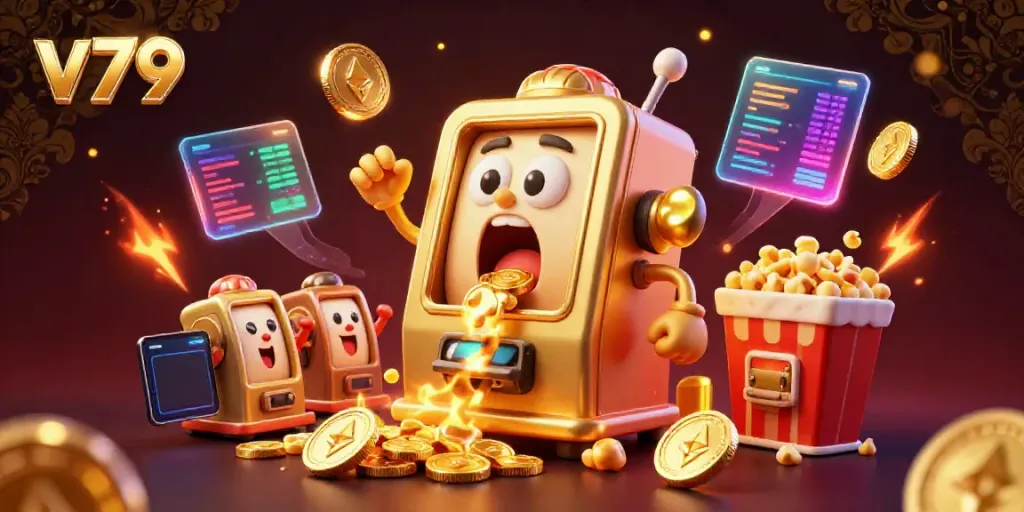 Experience v79's excitement as a lucky slot machine wins a jackpot in this vibrant casino scene.