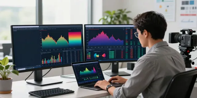 Trader using TradingView on multiple screens in a modern office.