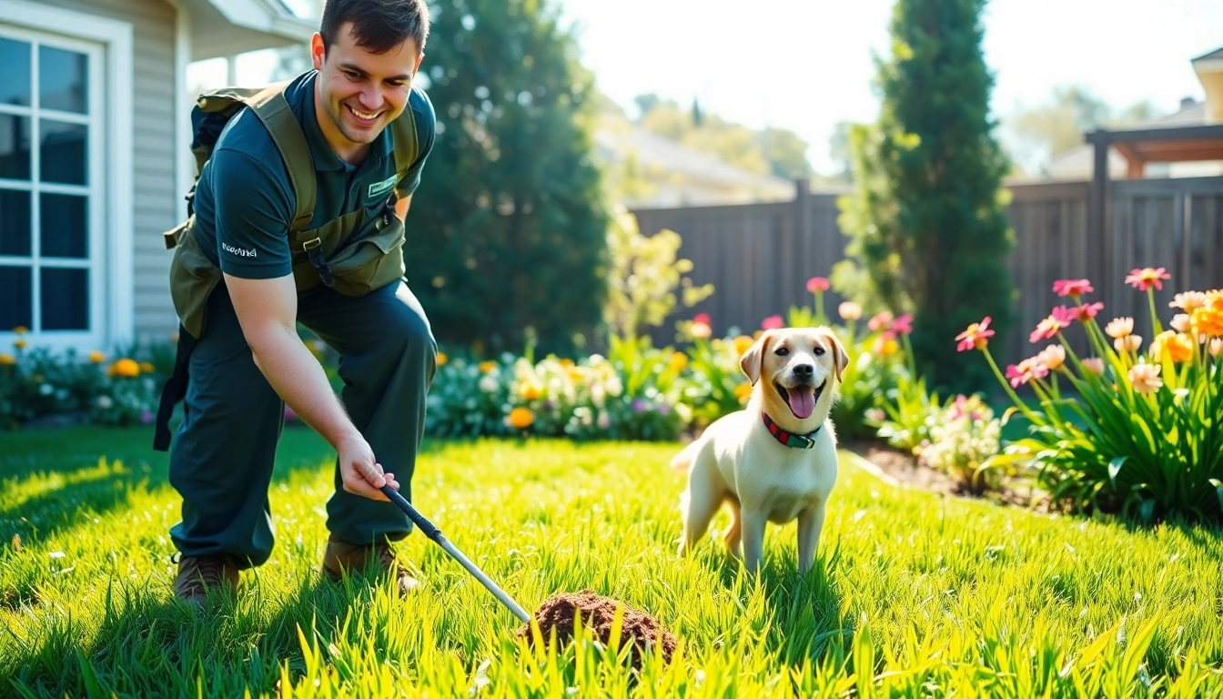 Dog poop cleanup services near me provided by a friendly technician in a sunny backyard.