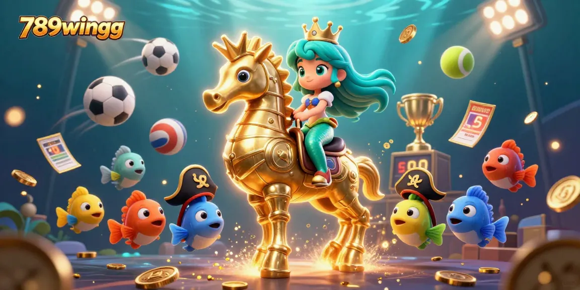 Immerse in the fantasy of 789wingg as a mermaid princess rides a seahorse, adorned with sports elements.