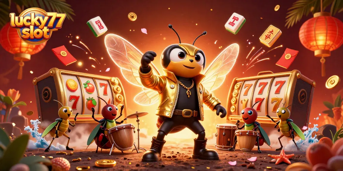 Spin the lucky77 slot reels with vibrant characters amid festive casino elements.