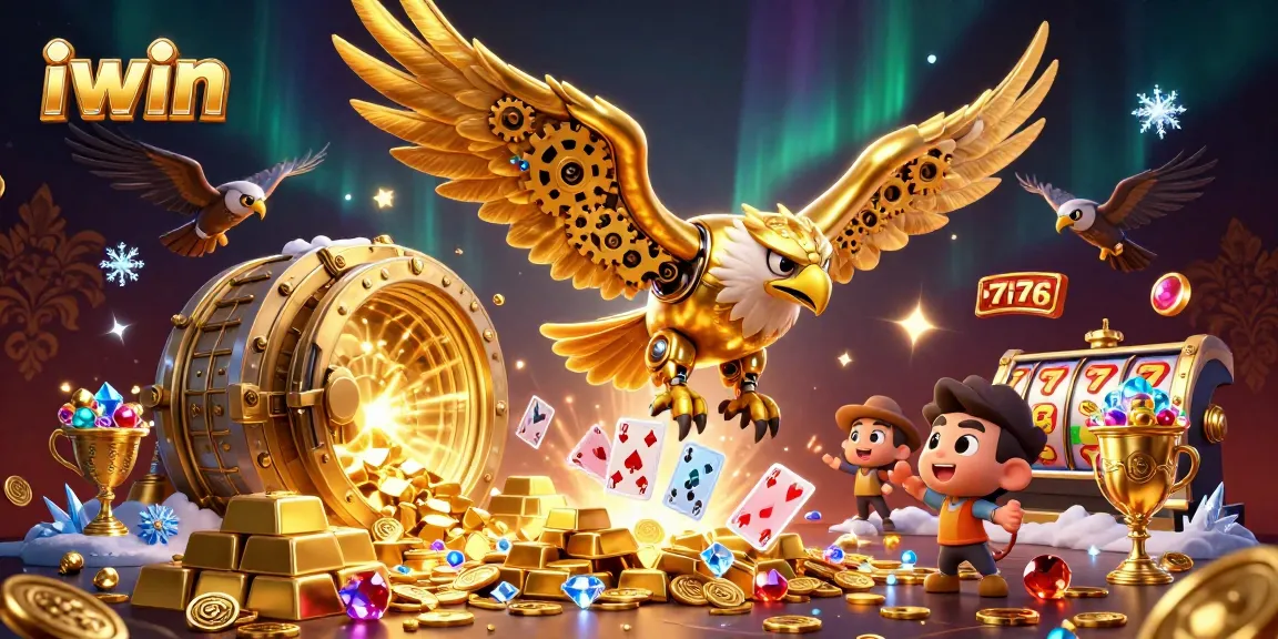 iwin challenges luck with a 3D cybernetic golden eagle diving through slot machine excitement.