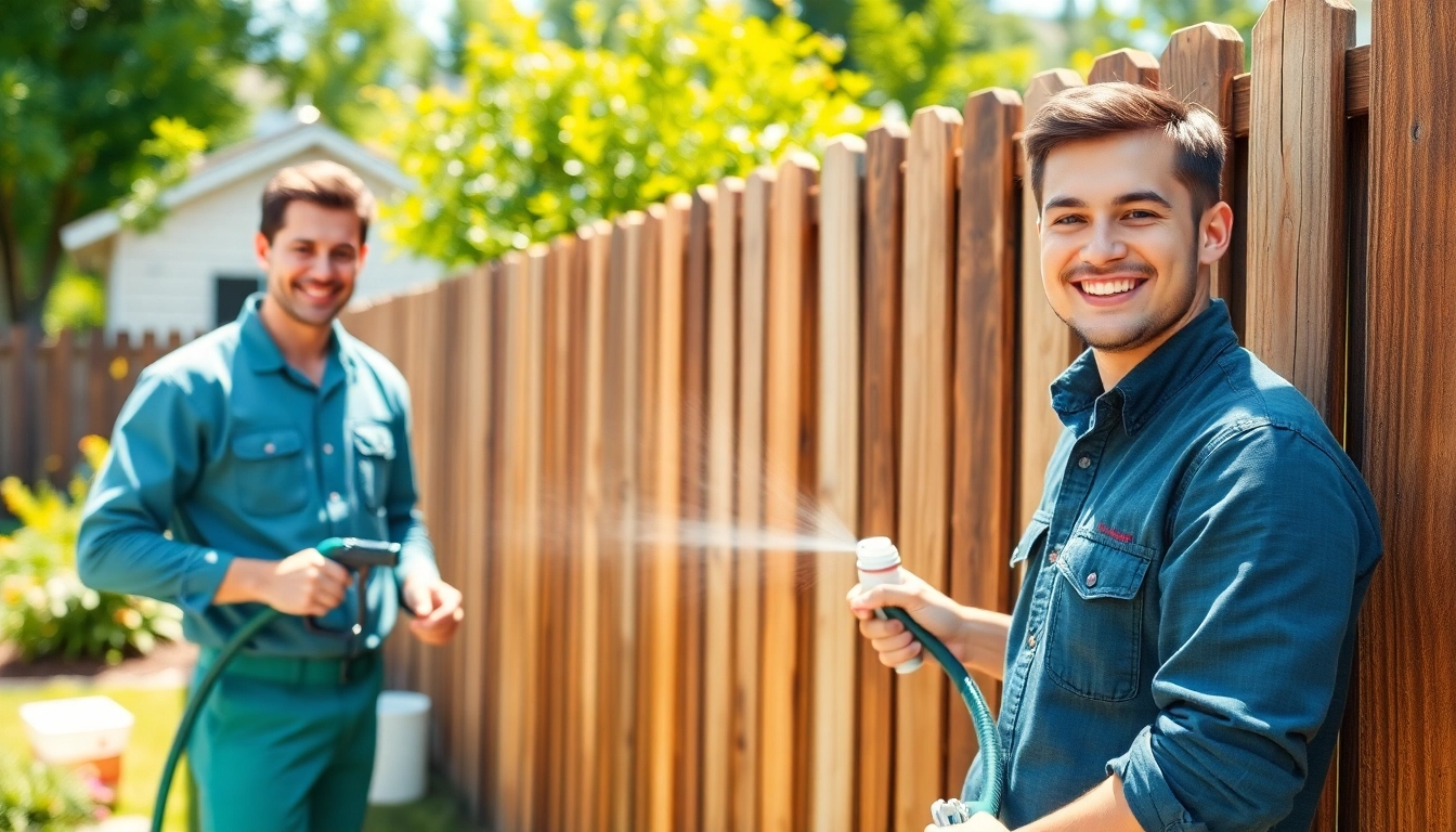 Experience exceptional Fence Cleaning service showcasing a pristine wooden fence and smiling technician.