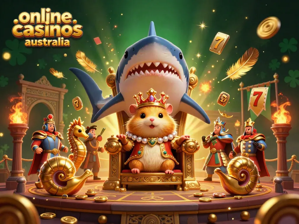 Engaging scene showcasing royal hamster king on a megalodon throne, promoting online casinos Australia.