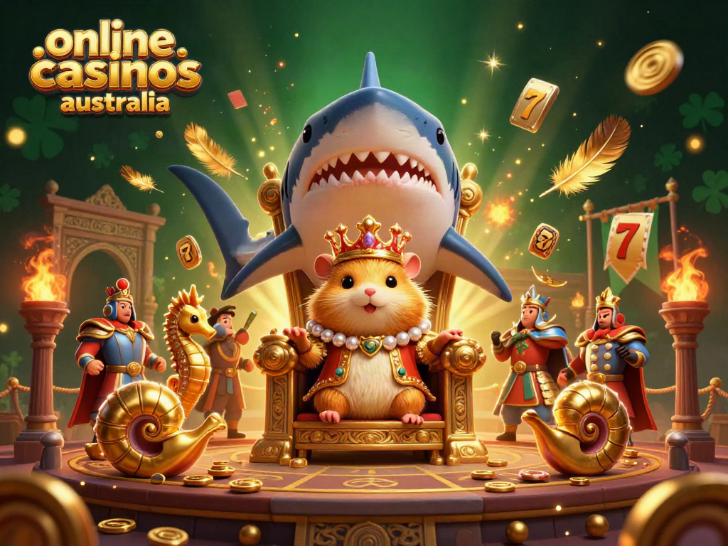 Engaging scene showcasing royal hamster king on a megalodon throne, promoting online casinos Australia.