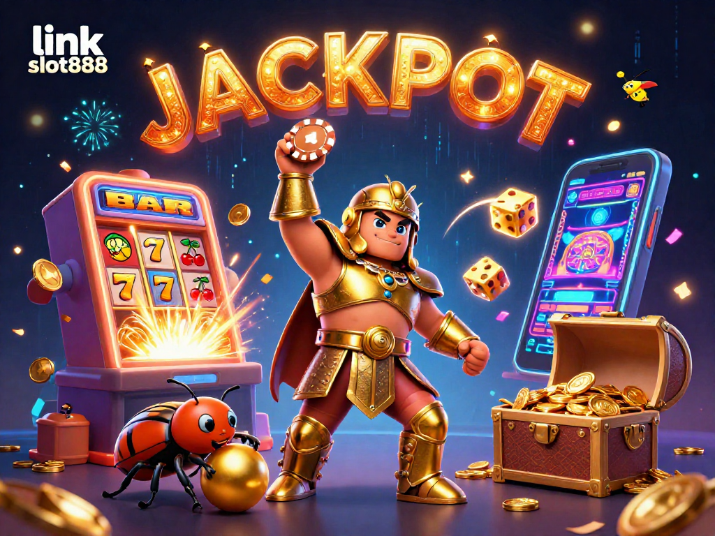 Playing big with link slot888: Hercules beetle celebrates jackpot chaos in dynamic casino scene.