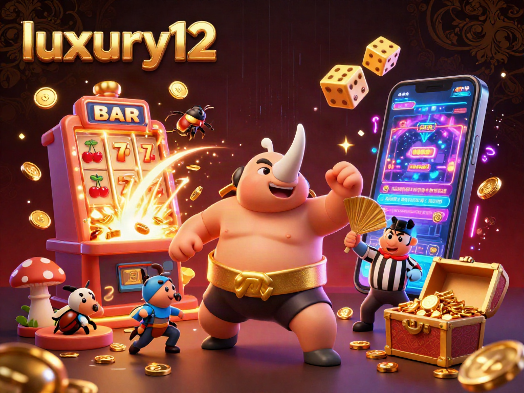 Luxury12 menginspirasi permainan kasino dengan simbol slot berkilauan dan harta karun emas.