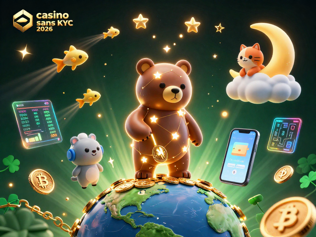 Profitez d'une illustration captivante de casino crypto sans KYC 2026 avec un ours céleste et des éléments de jeu animés.