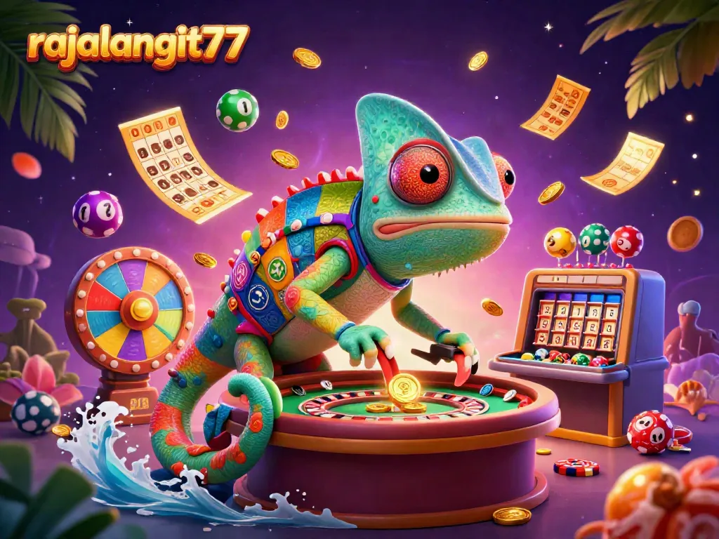 Menangkan banyak hadiah di rajalangit77 dengan ilustrasi kasino penuh warna dan chameleon menarik yang menangkap koin emas.