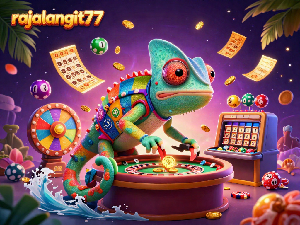 Menangkan banyak hadiah di rajalangit77 dengan ilustrasi kasino penuh warna dan chameleon menarik yang menangkap koin emas.