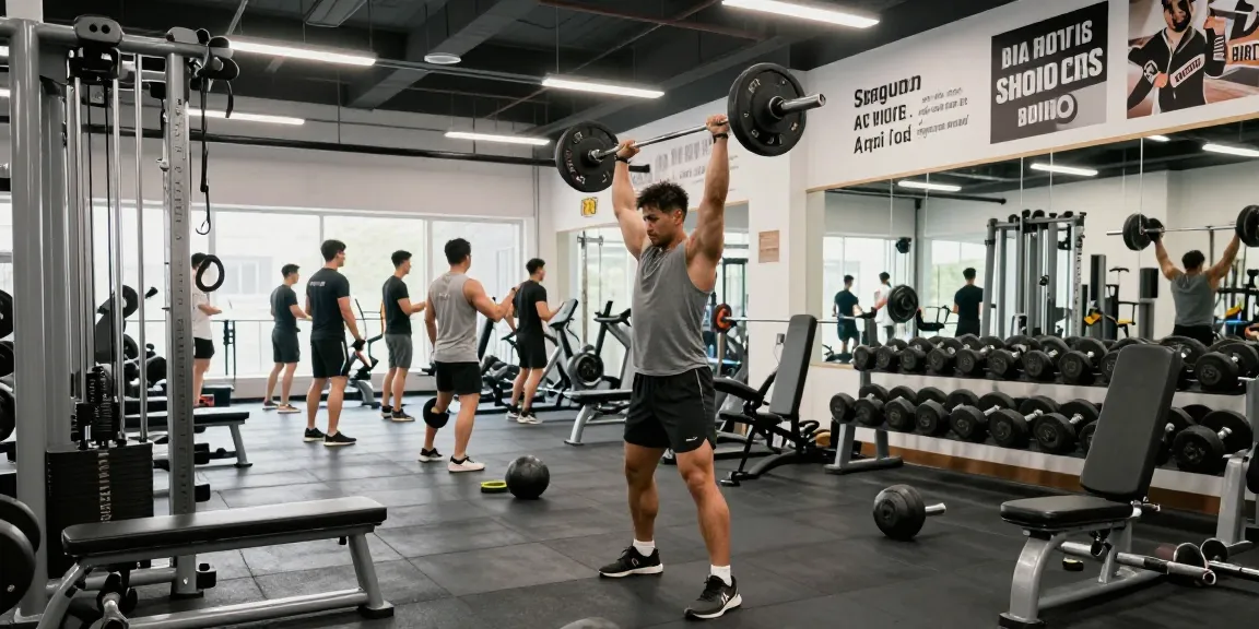 Akra Labs Steroidshop promoting strength training at a modern gym, showcasing bodybuilder lifting weights.