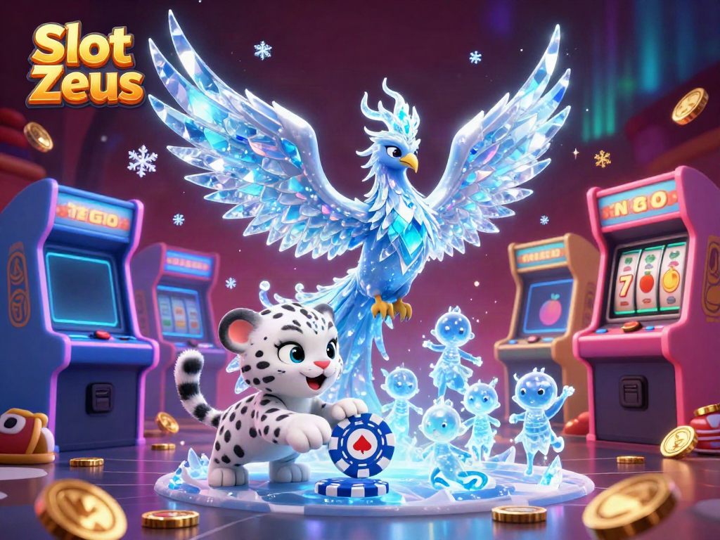 Permainan Slot Zeus menampilkan phoenix es legendaris dan mesin slot berkilau dalam suasana kasino yang memikat.