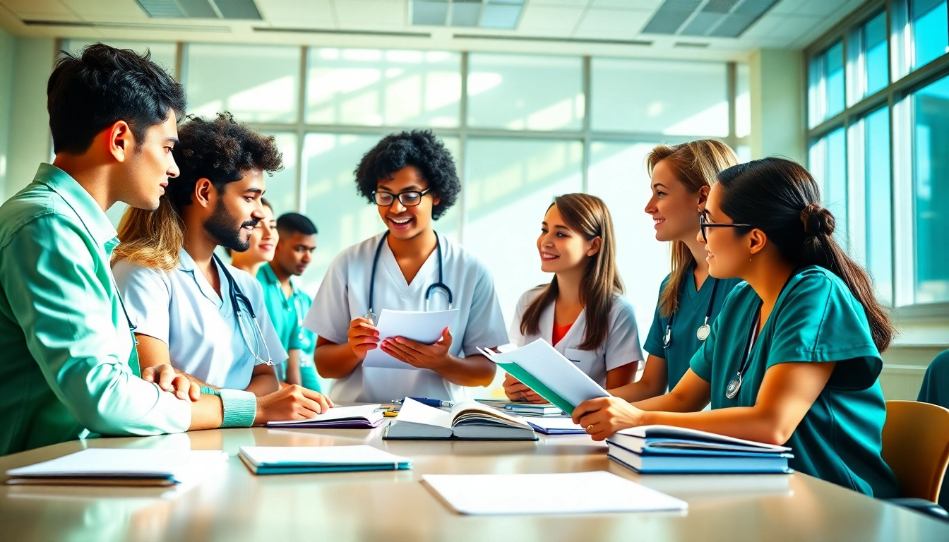Group of nursing students in an engaging in person NCLEX review Houston, studying together with an instructor.
