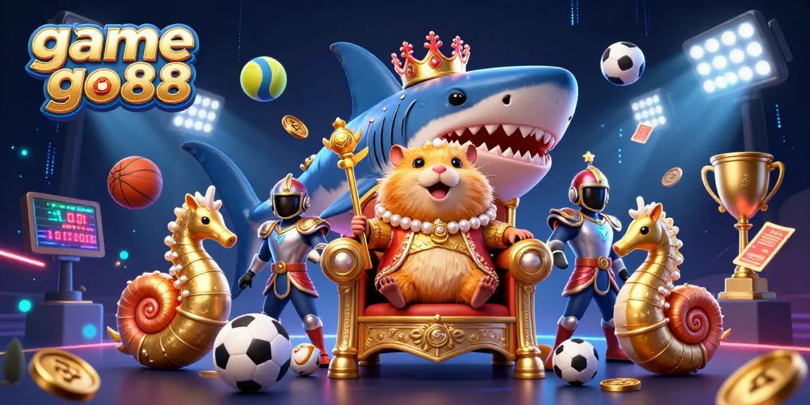 Engage with game go88 through a vibrant 3D scene featuring a hamster king and dynamic sports elements.