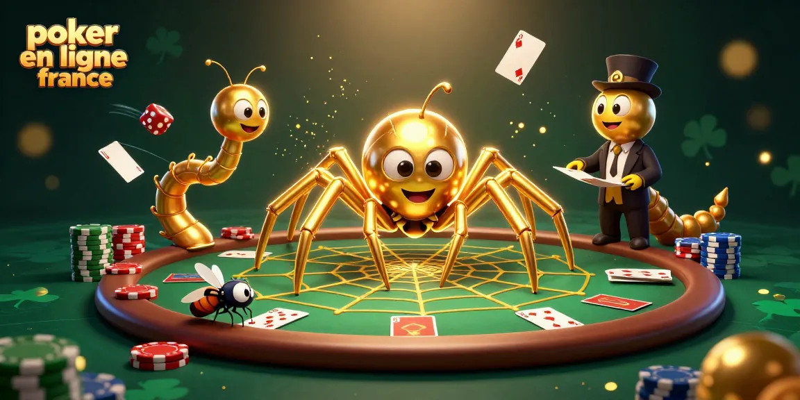 Placer des paris sur le poker en ligne france avec une araignée dorée et une table de jeux animée.