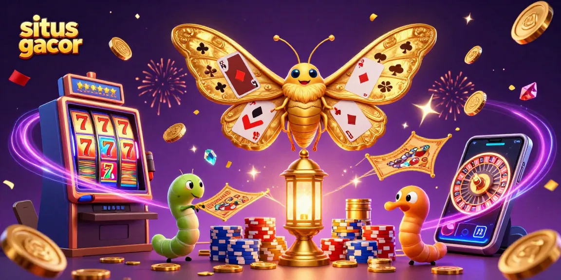 situs gacor showcases thrilling casino dynamics with slot reels, golden coins, and vibrant poker chips