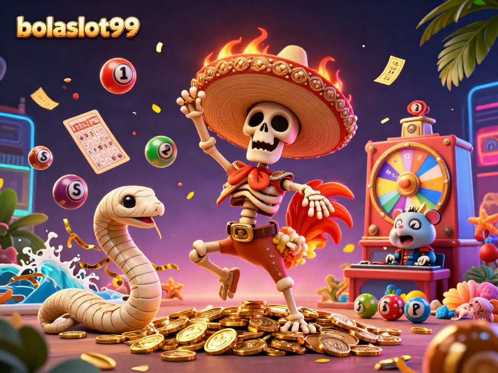 Experience the thrill of bolaslot99 with a dynamic 3D illustration of casino characters celebrating winning moments amidst colorful gaming elements.