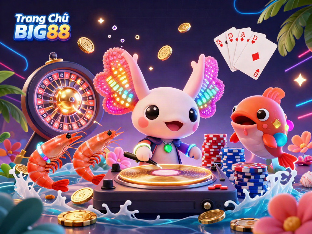 Experience the vibrant underwater celebration at Trang Chủ BIG88 with an axolotl DJ and sea friends surrounded by casino elements.
