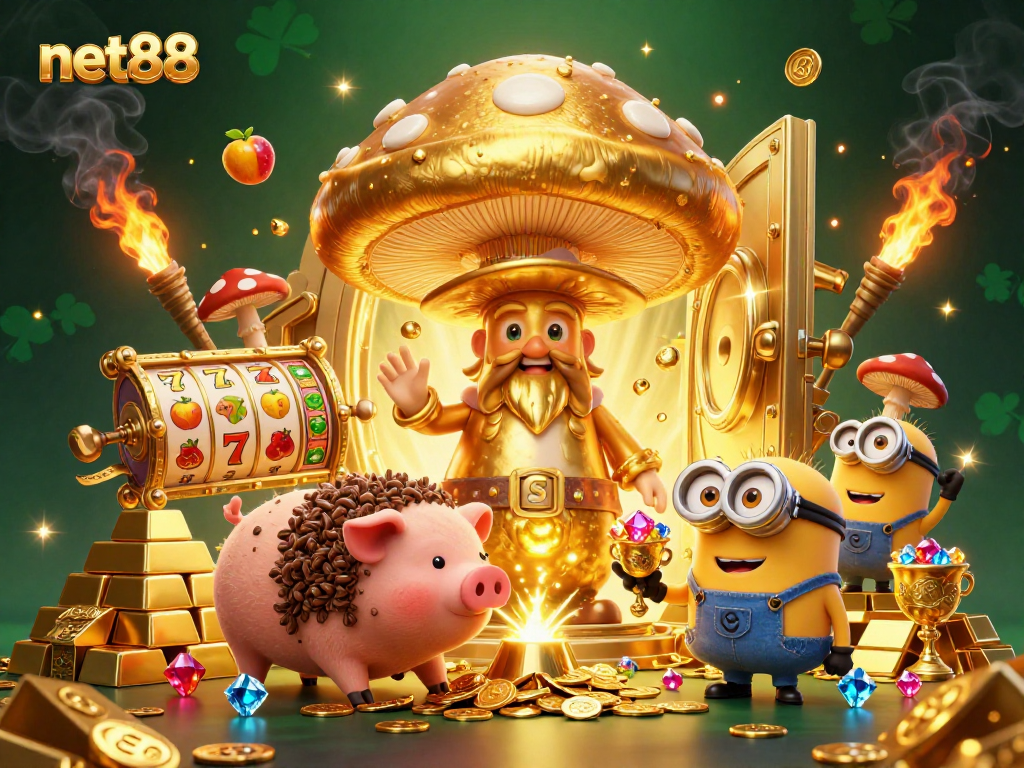 Experience net88 slots magic with vibrant golden wizard, treasure pig, and gemstone minions.