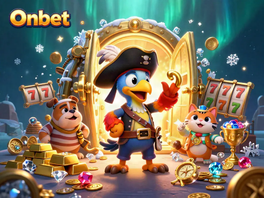 Experience thrilling wins with Onbet's colorful casino scene featuring pirate characters and slot elements.