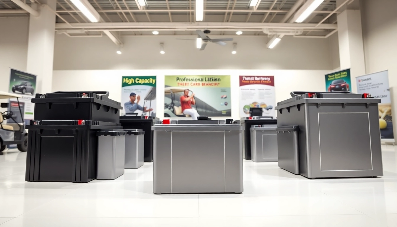 Lithium golf cart batteries showcased in a modern showroom highlighting advanced technology and sleek designs.