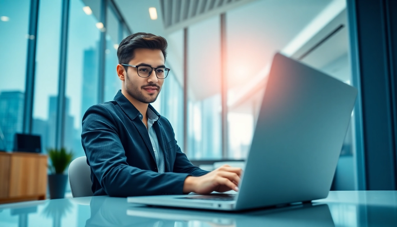 Utilize a free phone number lookup uk tool on a laptop in a modern office setup.