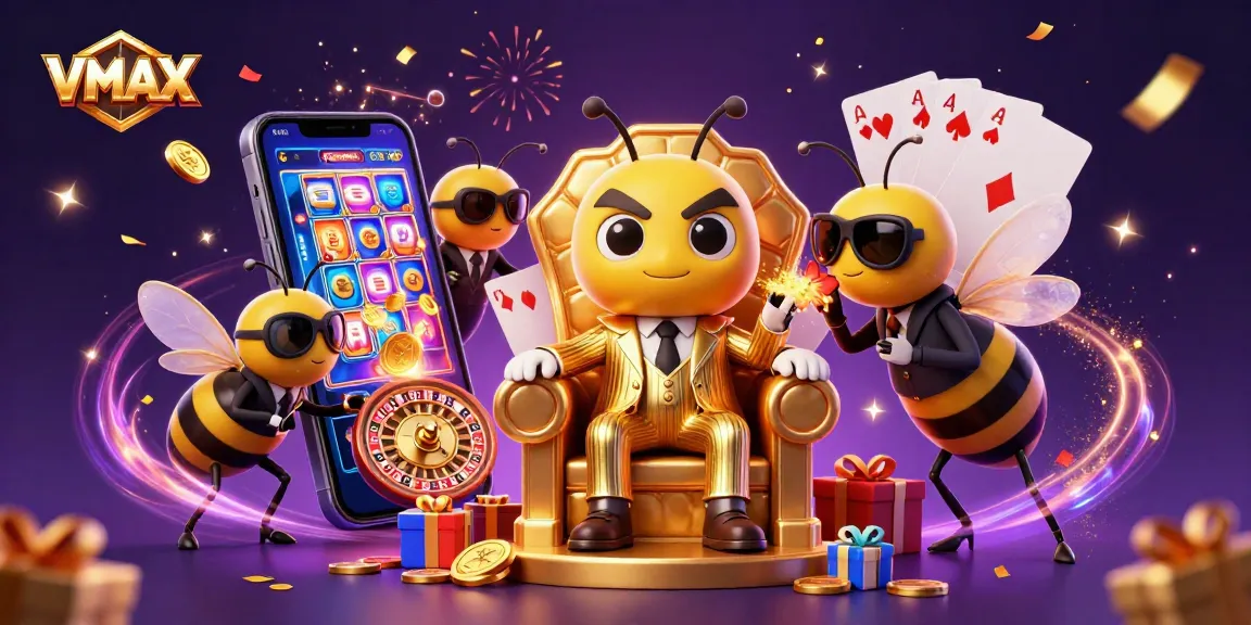 Experience the thrill of VMAX with a vibrant 3D casino scene showcasing games and characters.