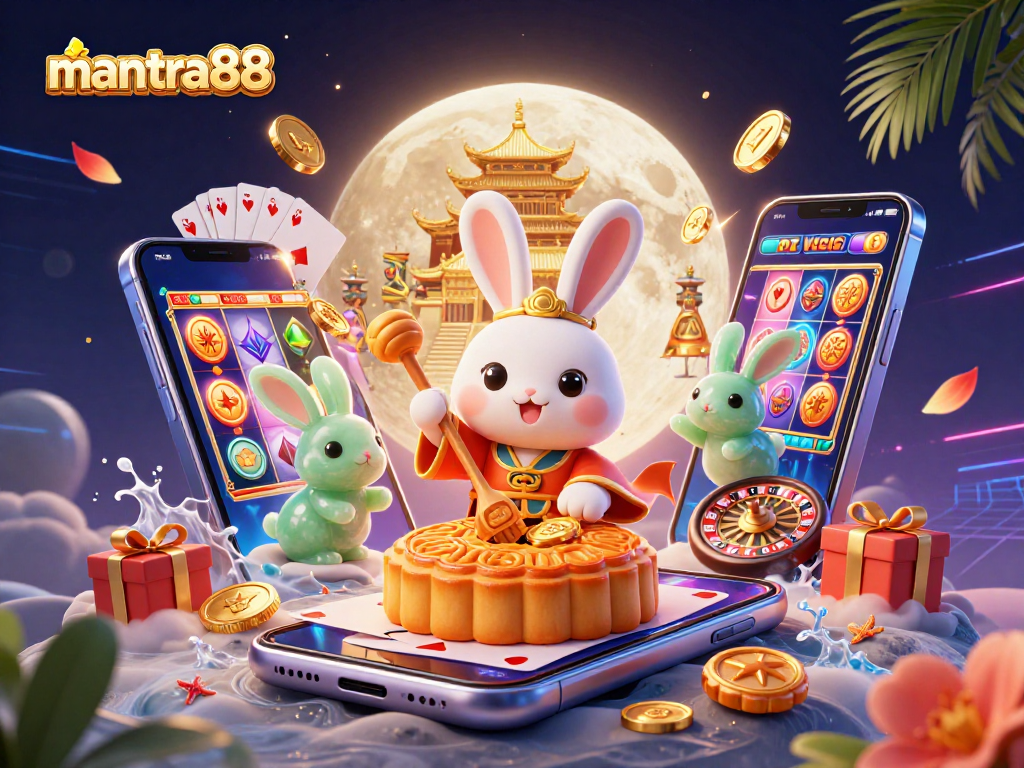 Celebrate luck and wins with mantra88, a playful lunar scene featuring a moon rabbit and poker chips.