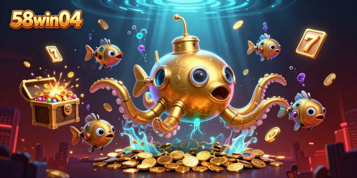Experience thrilling gameplay at 58win04 with a vibrant underwater casino scene featuring a golden kraken and dynamic slot elements.