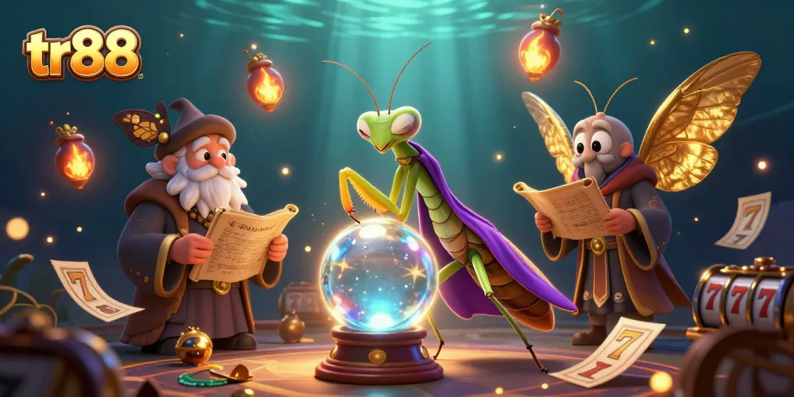 Engage with the magic of tr88 at a captivating casino scene featuring fortune tellers and slot reels.