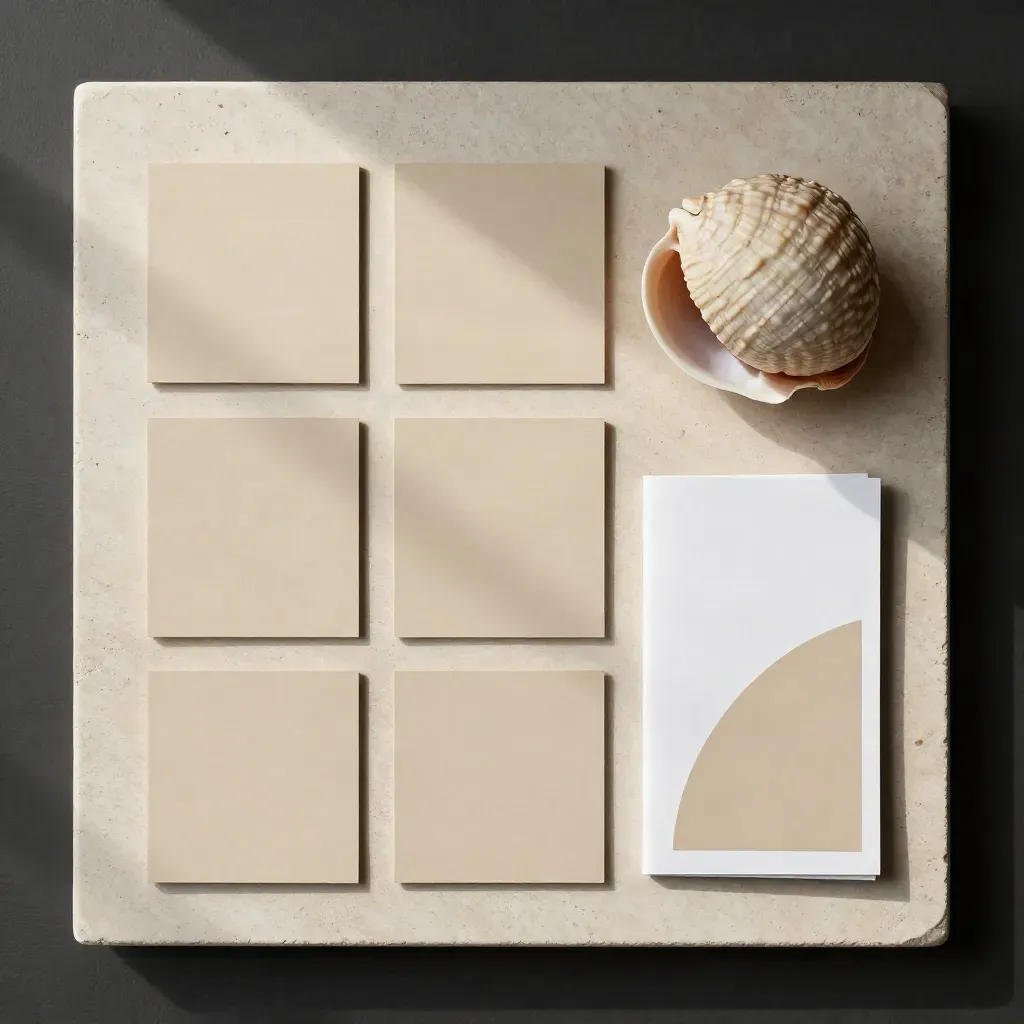 Overhead sand clamshell listing kit with sleeves, cards, and booklet on pale stone