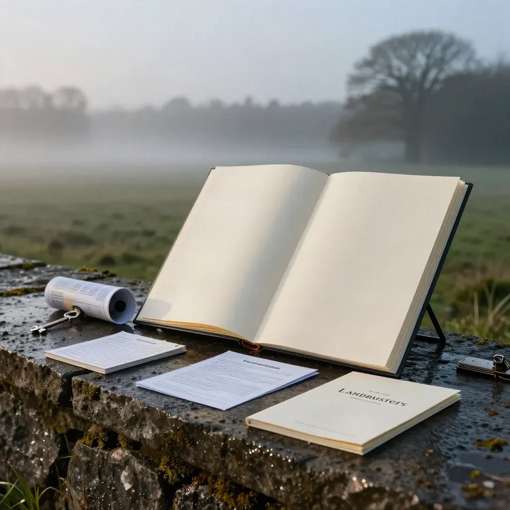 Open parcel-sale folio with valuation cards and tube on a wet stone ledge at blue hour.