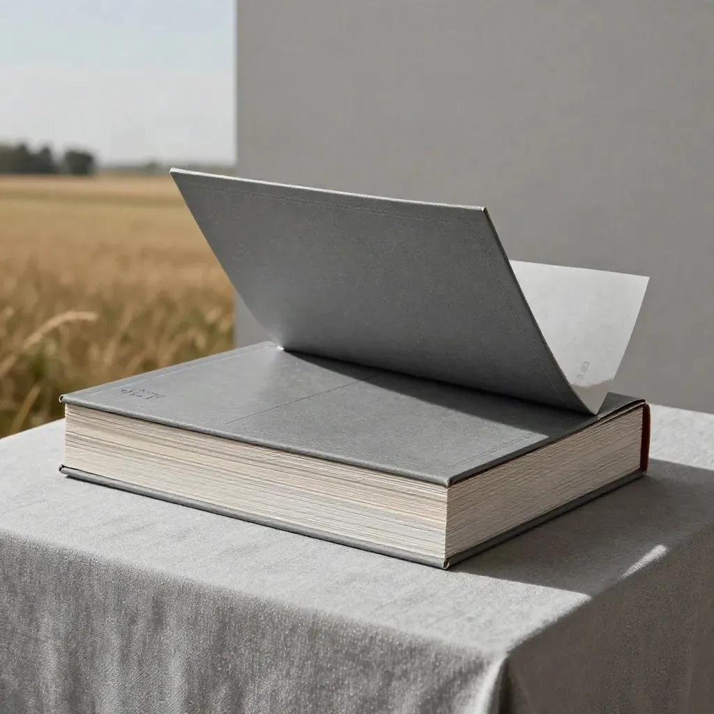 Slate-gray acreage report folio with parcel sleeve and soil-tone inserts on a soft studio surface.