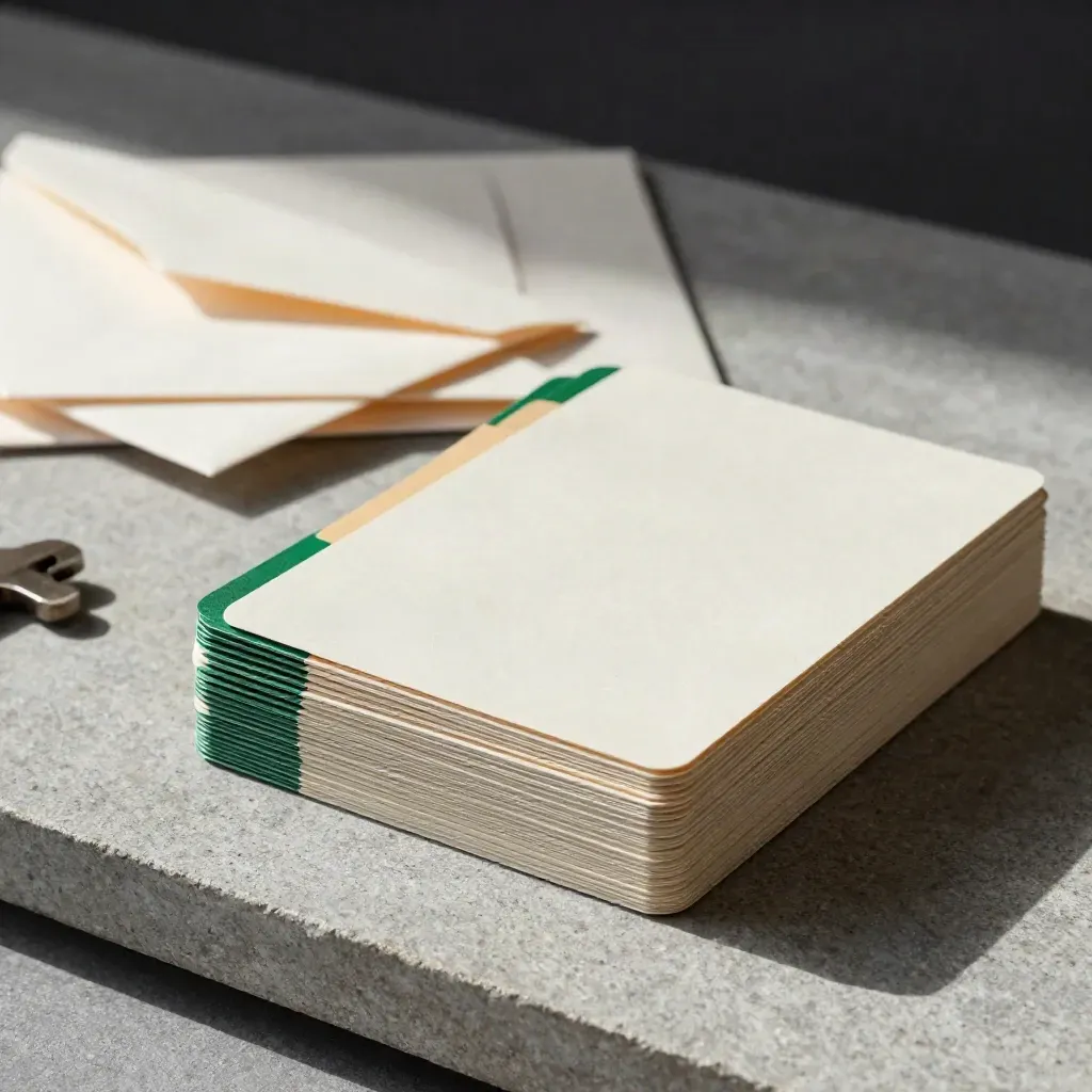 Ivory buyer-match cards and envelopes with forest-green tabs on stone in raking light.