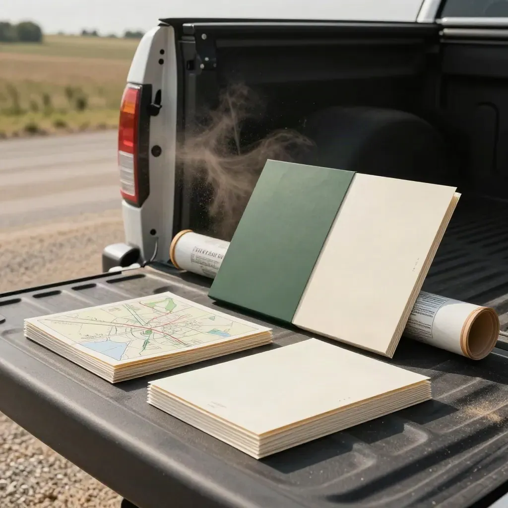 Launch bundle folders, map sleeve, and survey tube beside a pickup tailgate in a dusty field