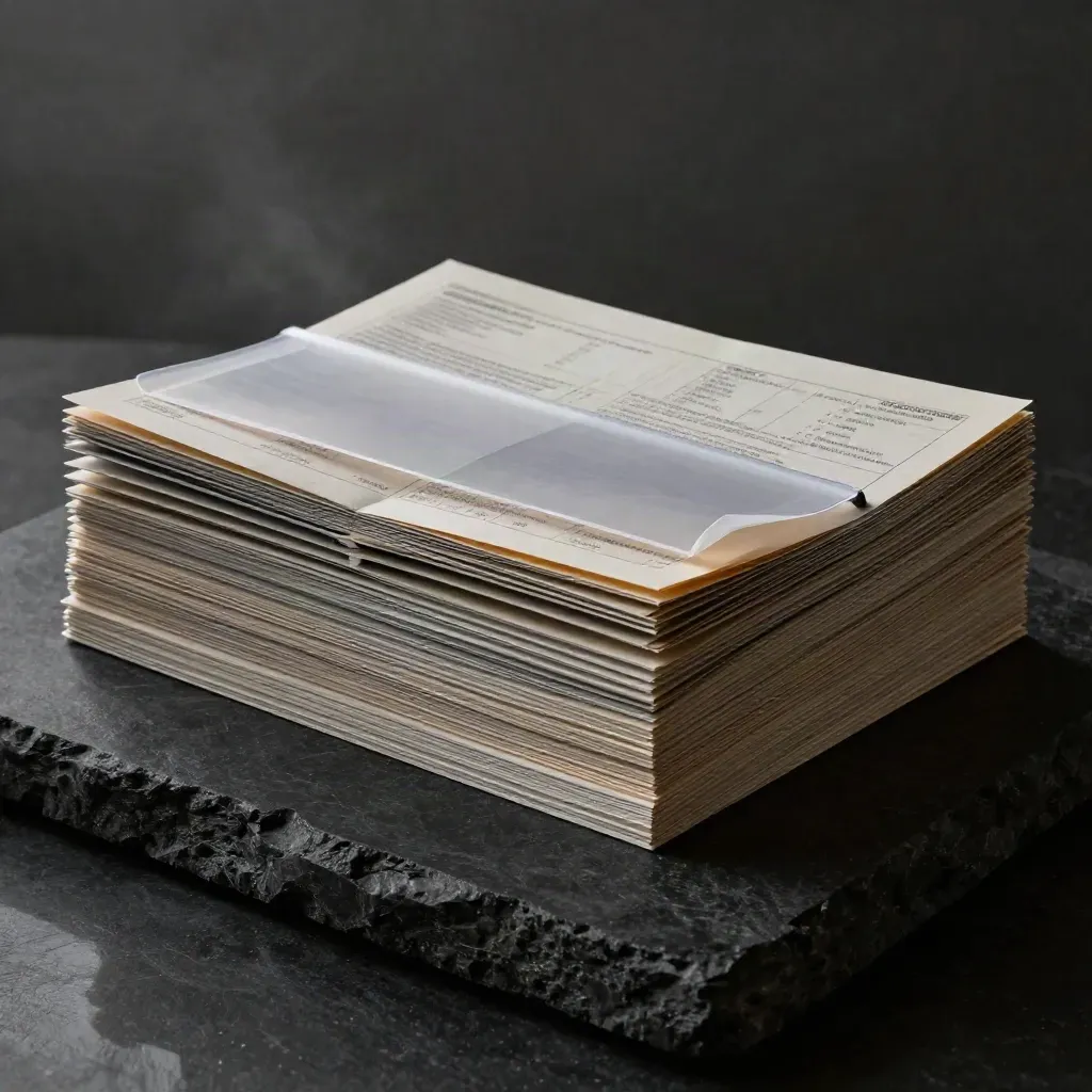 Graphite zoning report folio with tabs and a partly slipped translucent sleeve on dark stone.