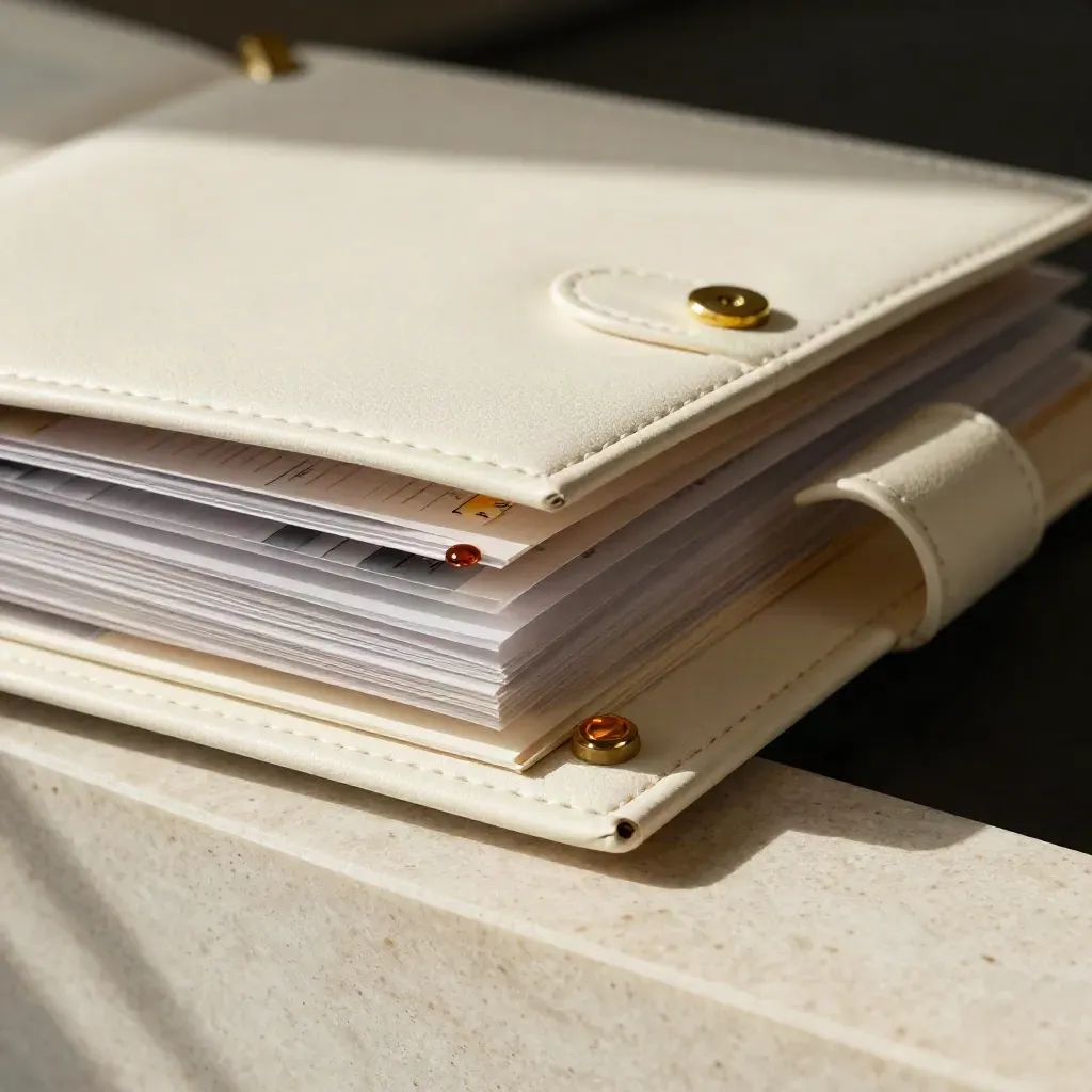 Cream binder opening on travertine, brass fastener glowing, sleeves and timeline strips in soft haze