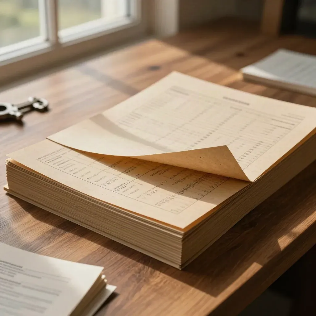 Craft folio with curled sheets on a warm oak surface, softly lit and refined.